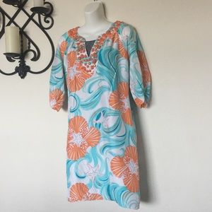 Lilly Pulitzer Silk Beaded Dress Blue Wave Coral 4